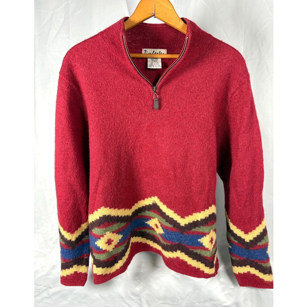 Vtg TimberLea Women Red Wool 1/4 Zip Western Southwestern Geometric Sweater L